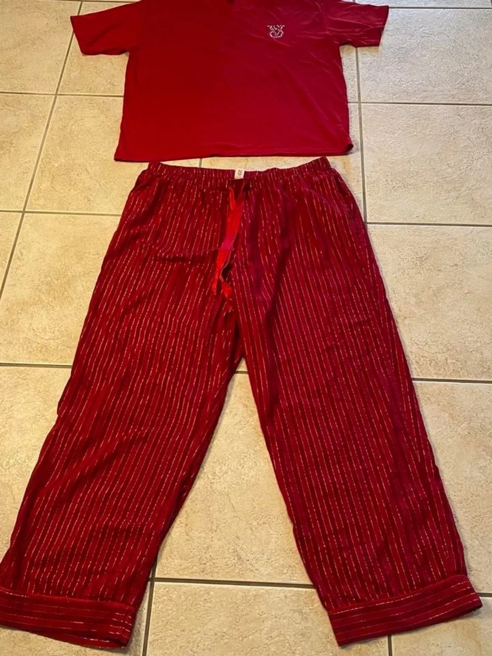 Victoria's Secret Red Two-Piece Pajama Set with Metallic Stripe Pants